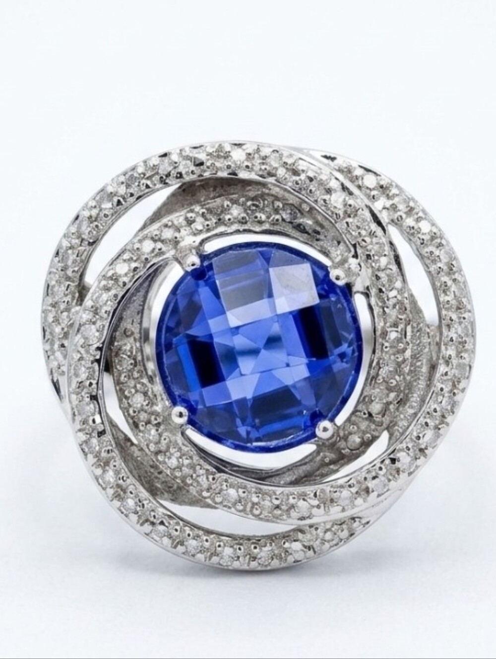 Vintage Designer Blue Sapphire & Diamond Simulant Sterling Silver Ring Size 6!